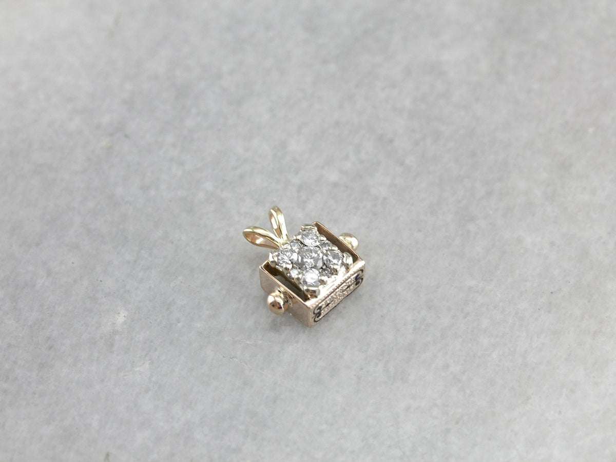 Diamond Cluster Pendant in Victorian Black Enamel Gold Box Charm