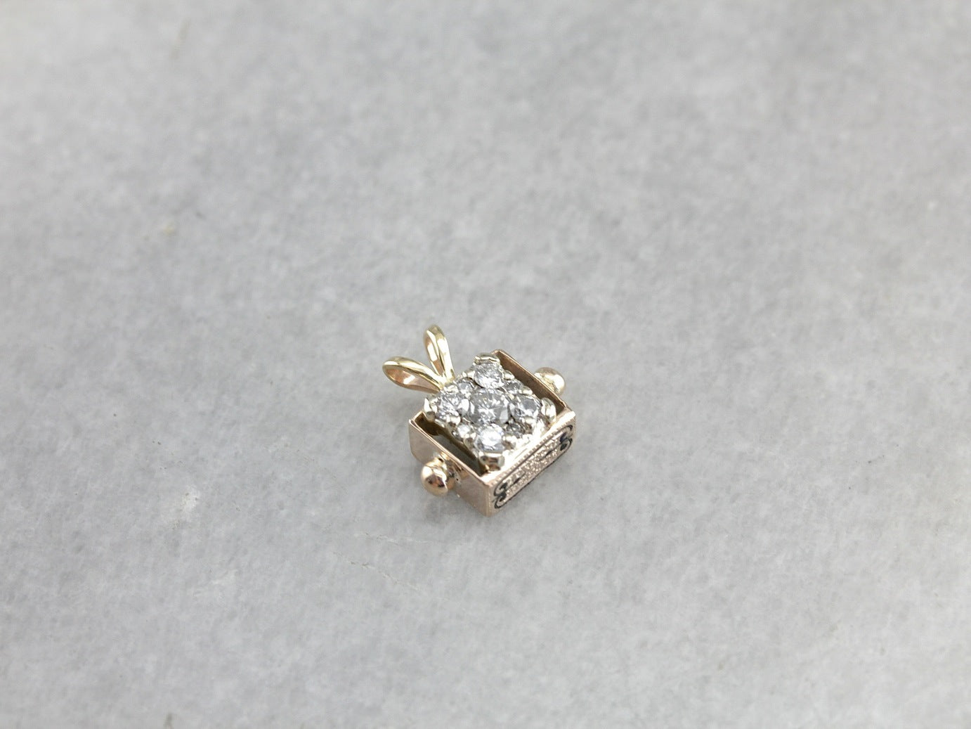 Diamond Cluster Pendant in Victorian Black Enamel Gold Box Charm