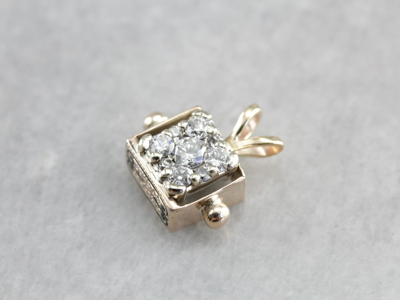 Diamond Cluster Pendant in Victorian Black Enamel Gold Box Charm