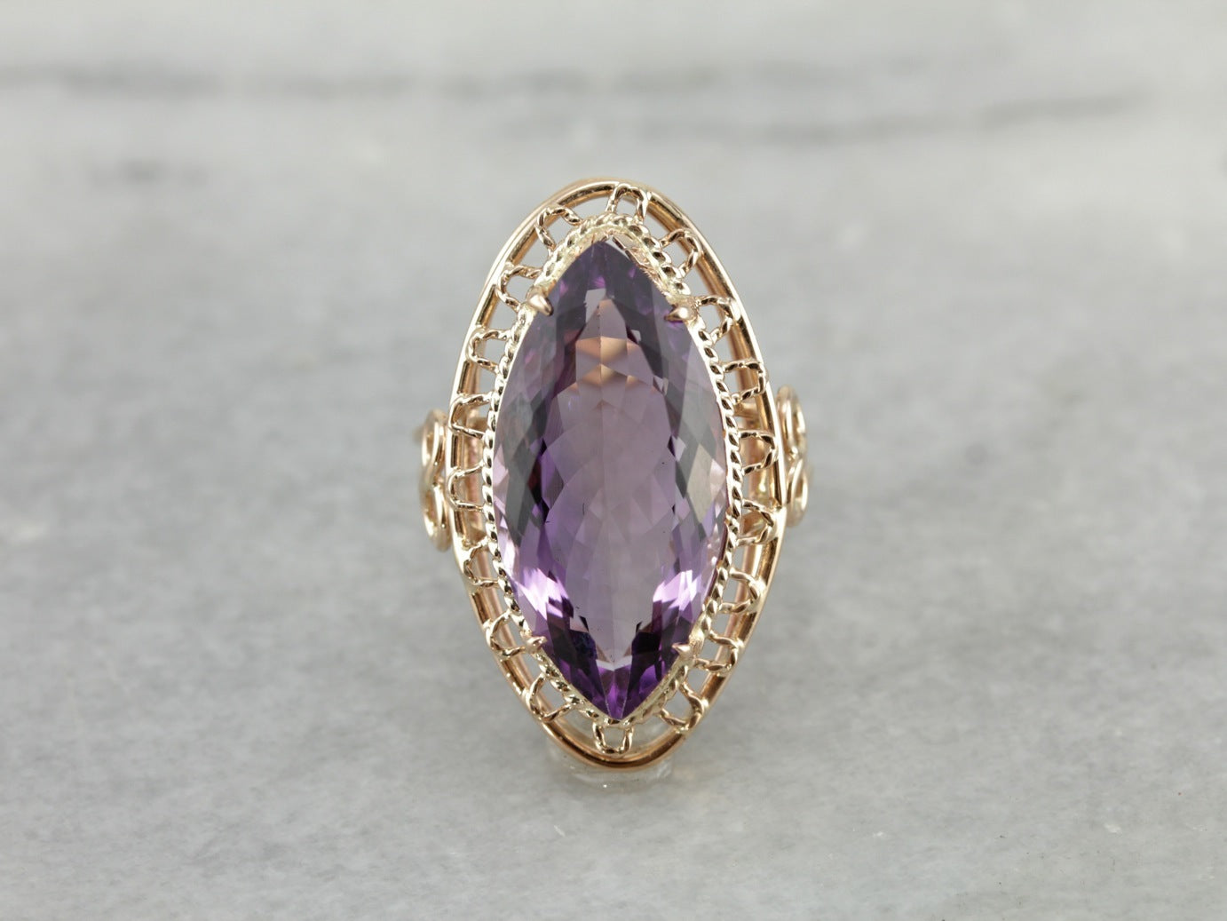 1970's Large Cat's Eye Amethyst Filigree Statement Ring