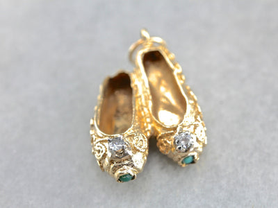 Vintage Diamond and Turquoise Golden Slippers Pendant or Charm