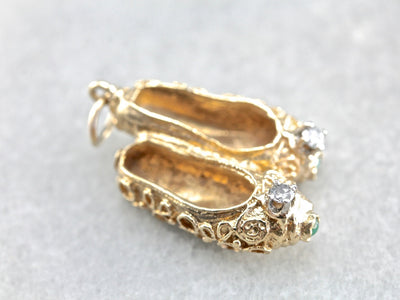 Vintage Diamond and Turquoise Golden Slippers Pendant or Charm