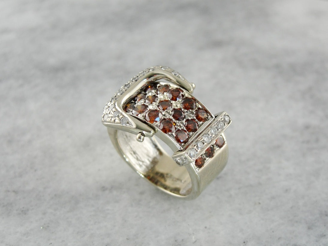 Sparkling Orange and White Diamond Belt Buckle Ring
