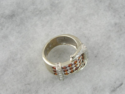Sparkling Orange and White Diamond Belt Buckle Ring