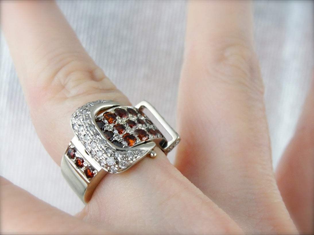 Sparkling Orange and White Diamond Belt Buckle Ring
