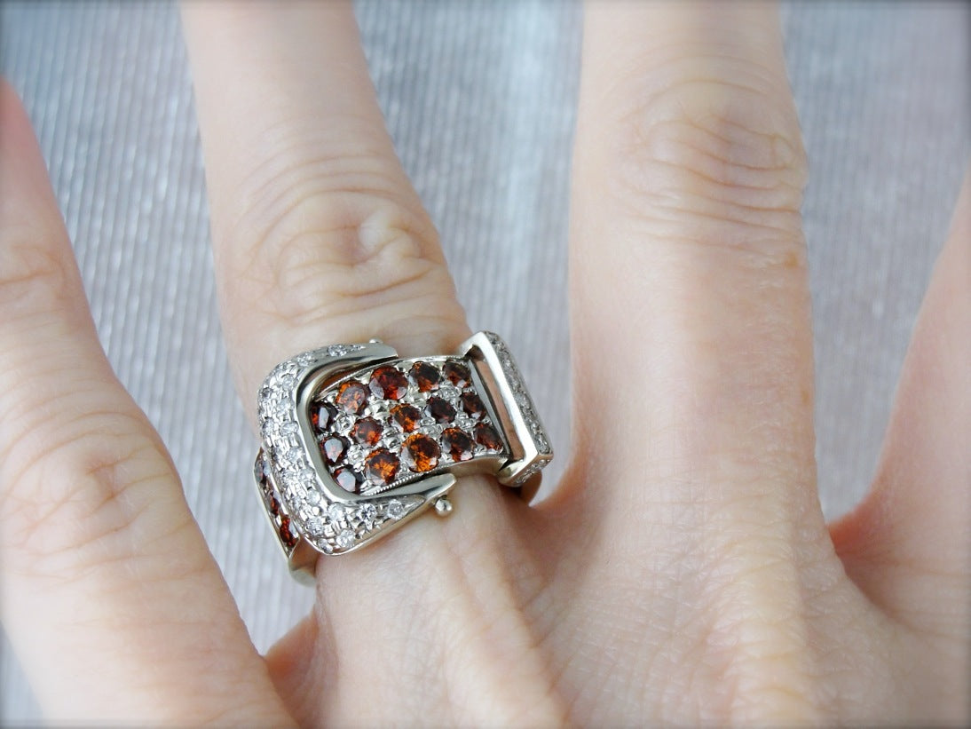 Sparkling Orange and White Diamond Belt Buckle Ring