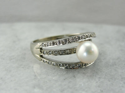 Modern Pearl and Diamonds Triple Band Cocktail Ring