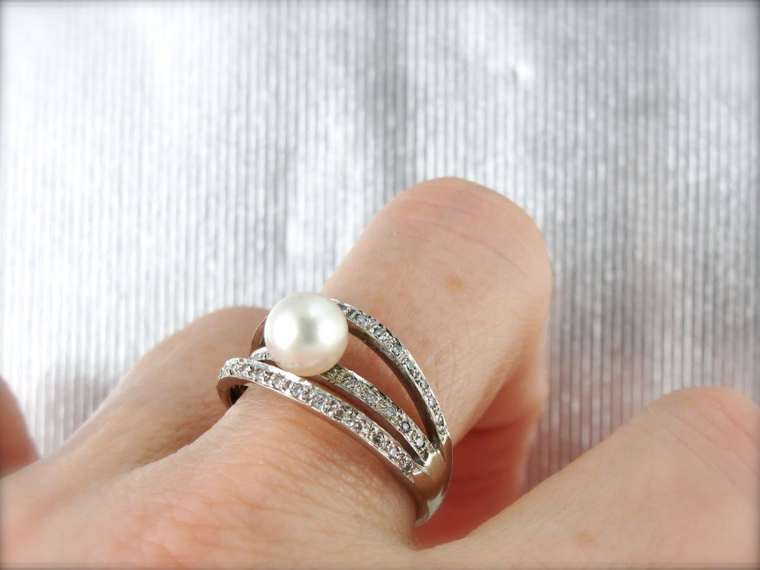 Modern Pearl and Diamonds Triple Band Cocktail Ring