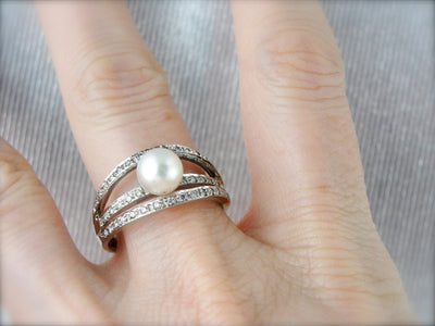 Modern Pearl and Diamonds Triple Band Cocktail Ring