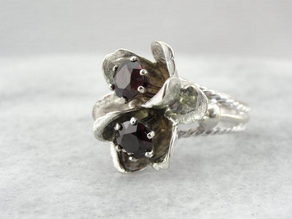 Double Bloom Red Garnet and White Gold Cocktail Ring