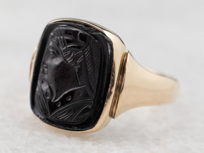Vintage Black Onyx Cameo Gold Ring