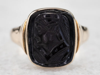 Vintage Black Onyx Cameo Gold Ring