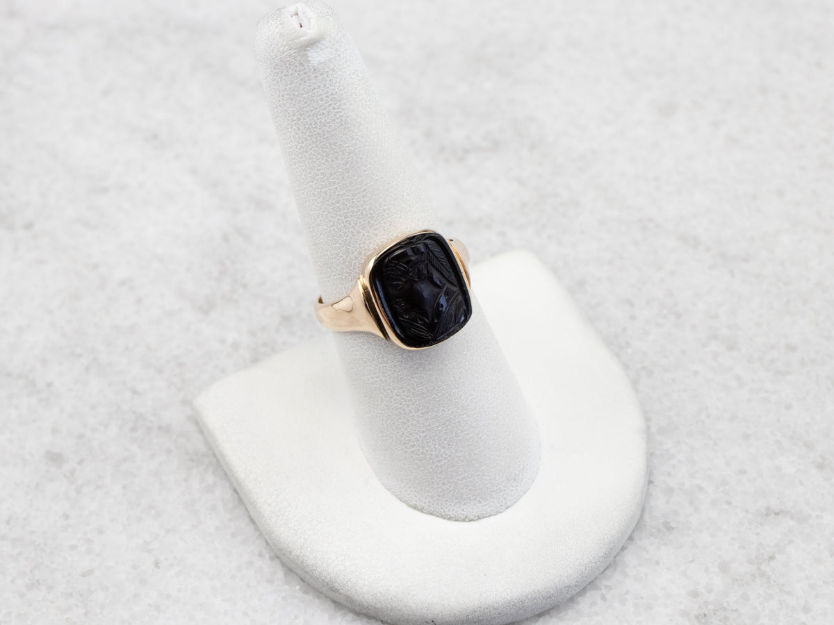Vintage Black Onyx Cameo Gold Ring