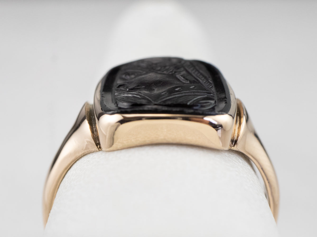 Vintage Black Onyx Cameo Gold Ring