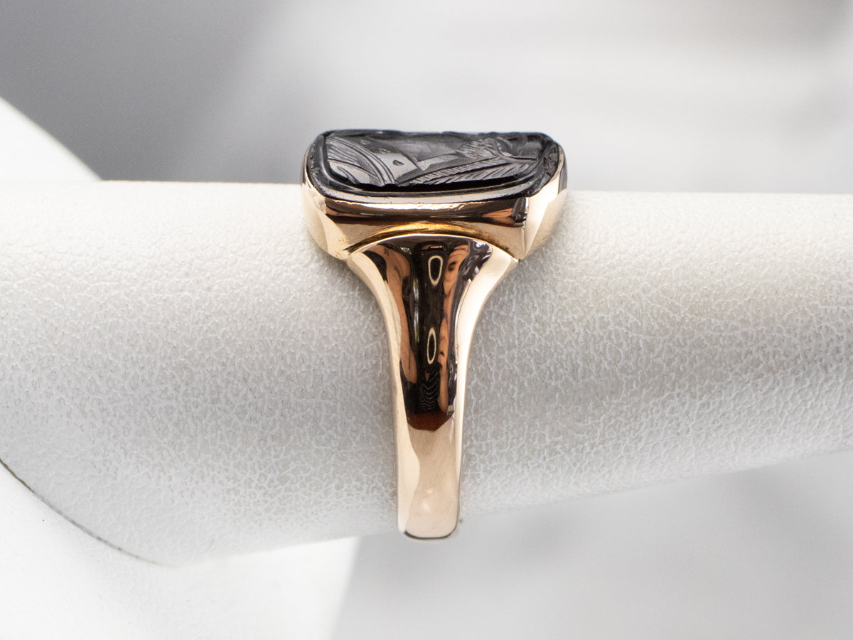 Vintage Black Onyx Cameo Gold Ring