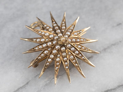 Antique Seed Pearl Starburst Brooch, Victorian Estate Jewelry
