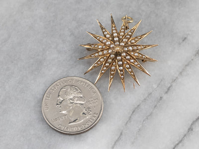 Antique Seed Pearl Starburst Brooch, Victorian Estate Jewelry UVVZCR-R 