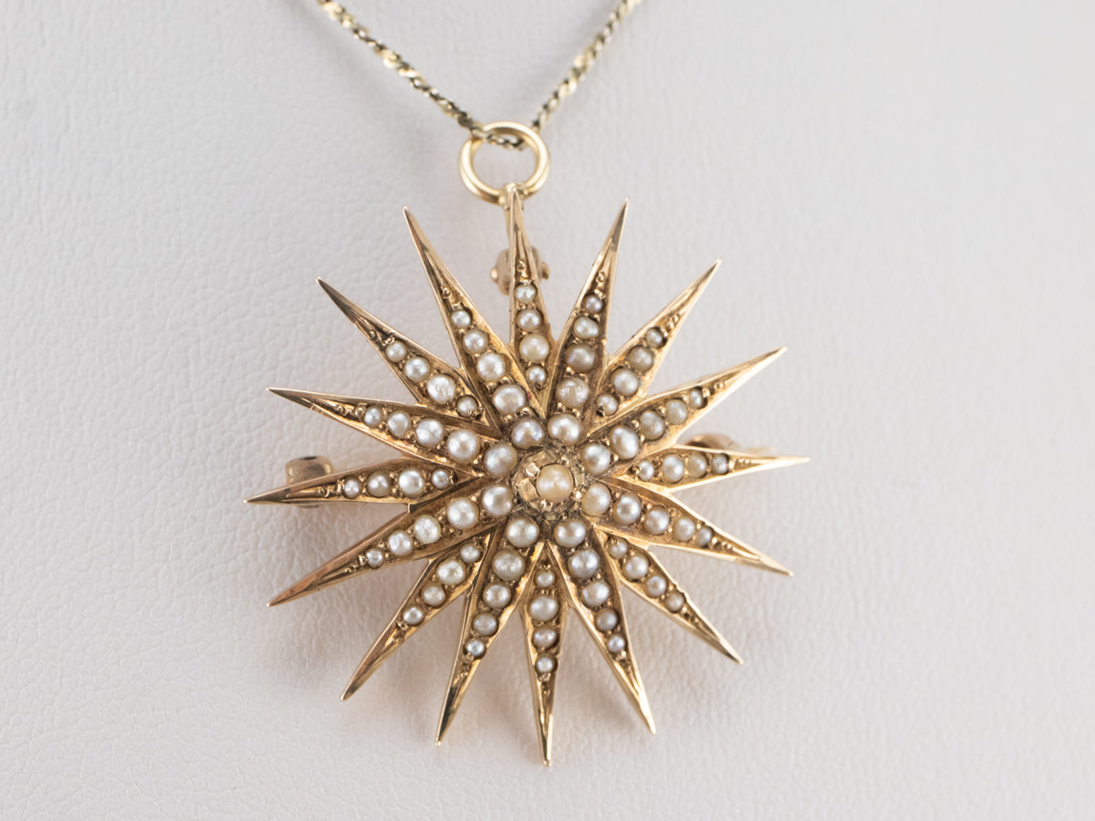 Victorian Seed Pearl Starburst Brooch Pendant