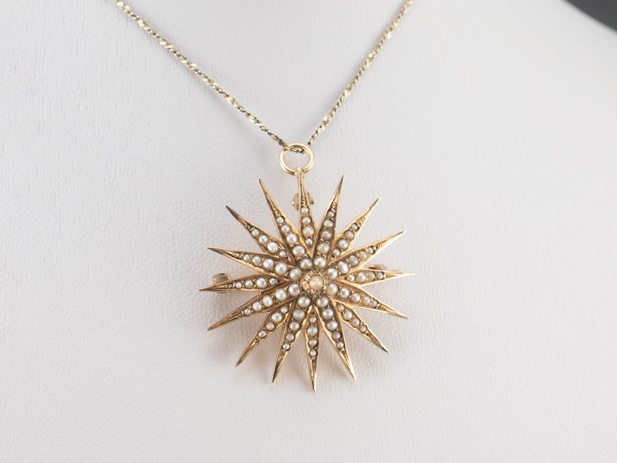 Victorian Seed Pearl Starburst Brooch Pendant