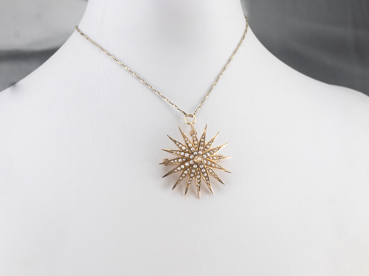 Victorian Seed Pearl Starburst Brooch Pendant