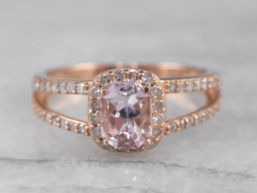 Morganite Diamond Halo Gold Ring