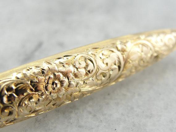 Ornately Engraved Floral Motif Gold Brooch