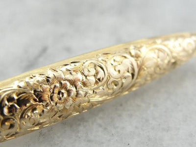 Ornately Engraved Floral Motif Gold Brooch