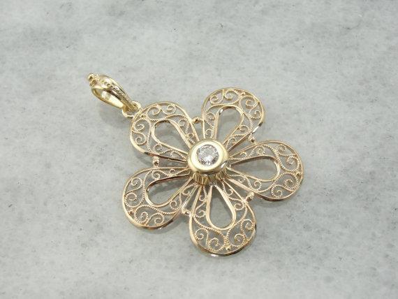 Feminine Filigree  Sparkling Center Diamond Floral Pendant