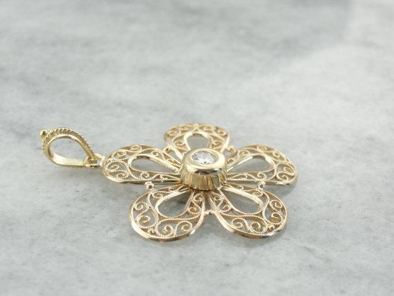 Feminine Filigree  Sparkling Center Diamond Floral Pendant