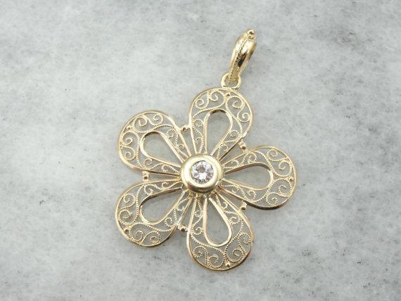 Feminine Filigree  Sparkling Center Diamond Floral Pendant