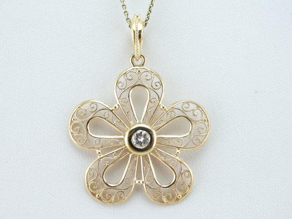 Feminine Filigree  Sparkling Center Diamond Floral Pendant