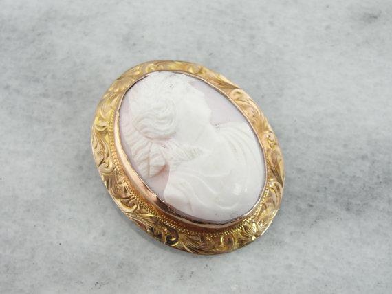 Pink and Creamy White Shell Cameo in Fine Gold Frame