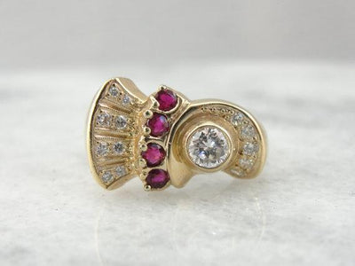 Ruby and Diamond Cocktail Ring from the Retro Era in Fine Gold