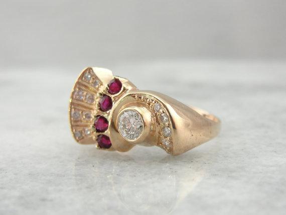 Ruby and Diamond Cocktail Ring from the Retro Era in Fine Gold