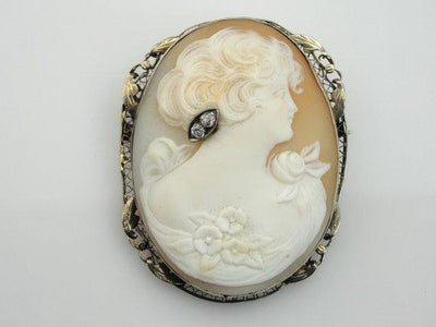Filigree Brooch with Fine Shell Cameo and Diamond
