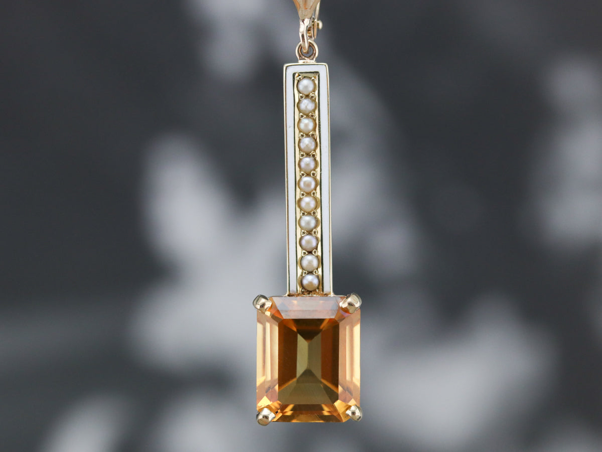 Enamel Citrine and Seed Pearl Drop Earrings