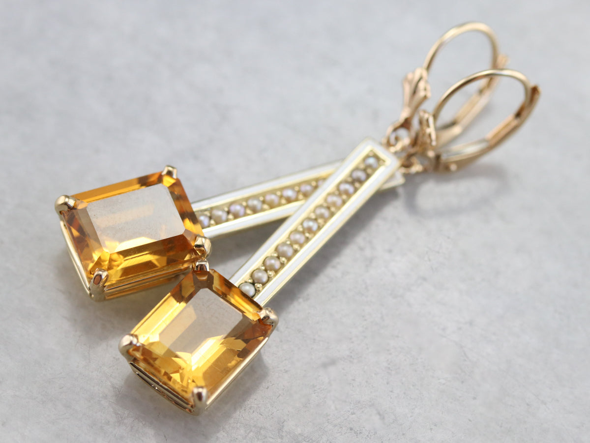 Enamel Citrine and Seed Pearl Drop Earrings