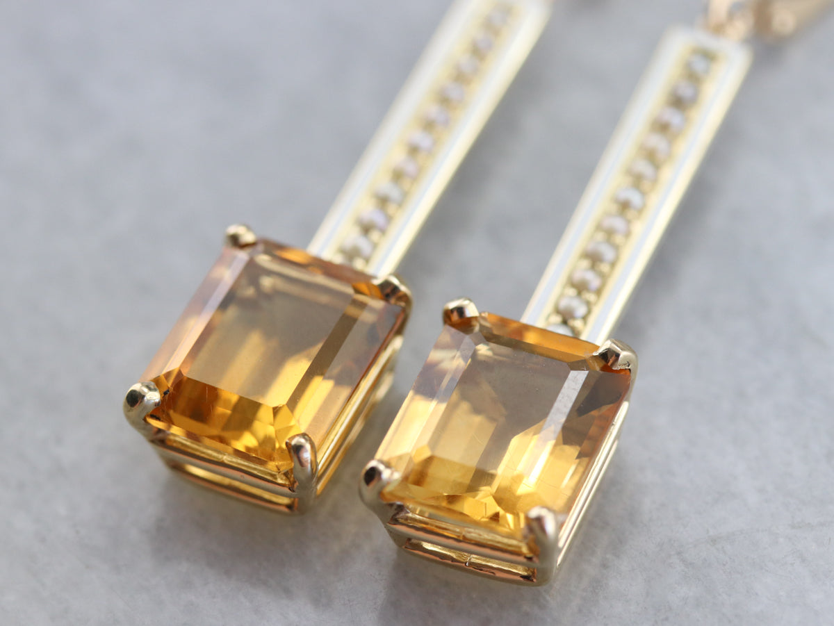 Enamel Citrine and Seed Pearl Drop Earrings