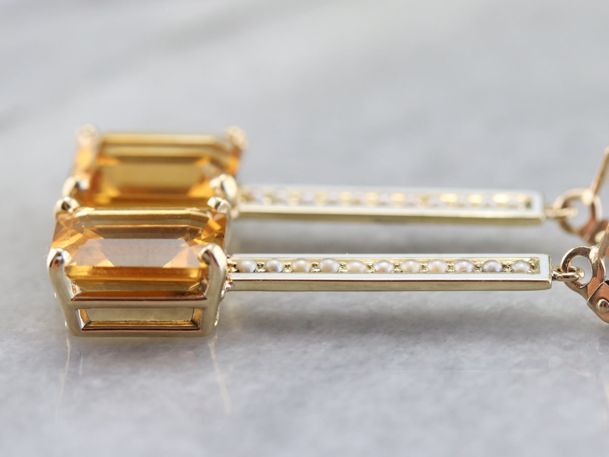 Enamel Citrine and Seed Pearl Drop Earrings