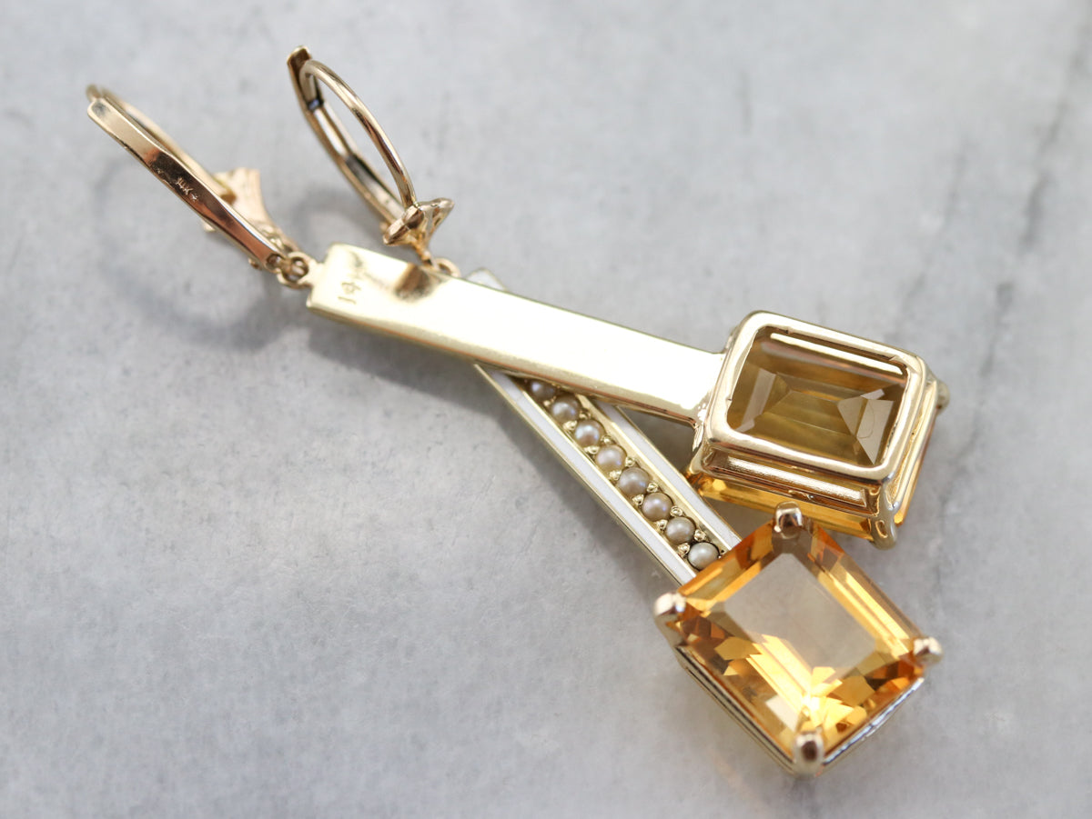 Enamel Citrine and Seed Pearl Drop Earrings