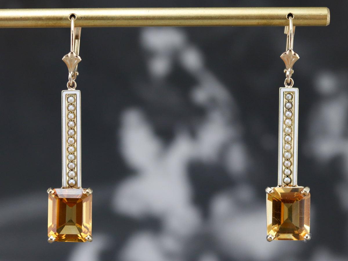 Enamel Citrine and Seed Pearl Drop Earrings