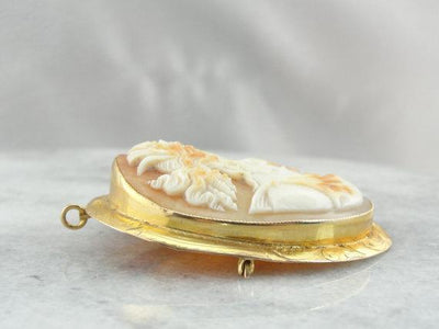 White Shell Cameo  in Fine Gold Frame Pendant or Brooch