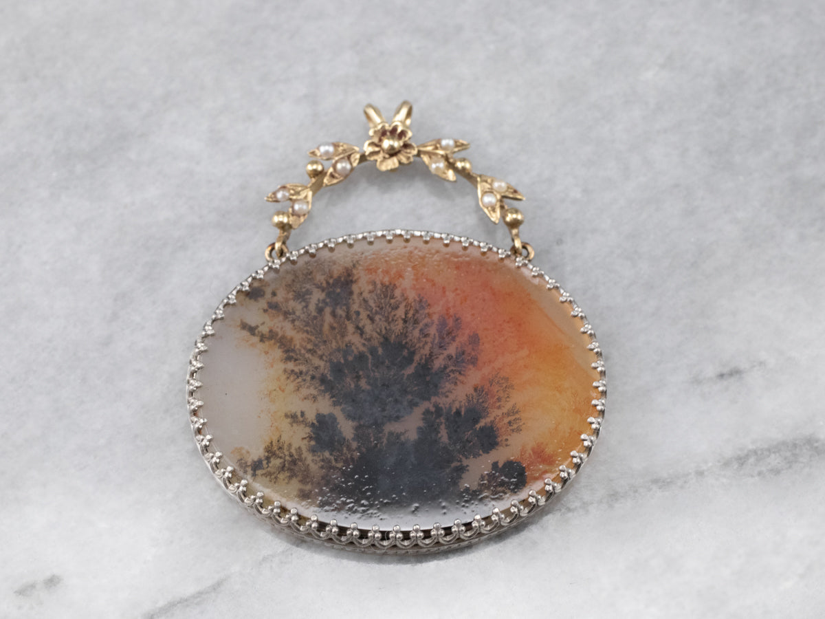 Floral Dendritic Agate Mixed Metal Seed Pearl Pendant