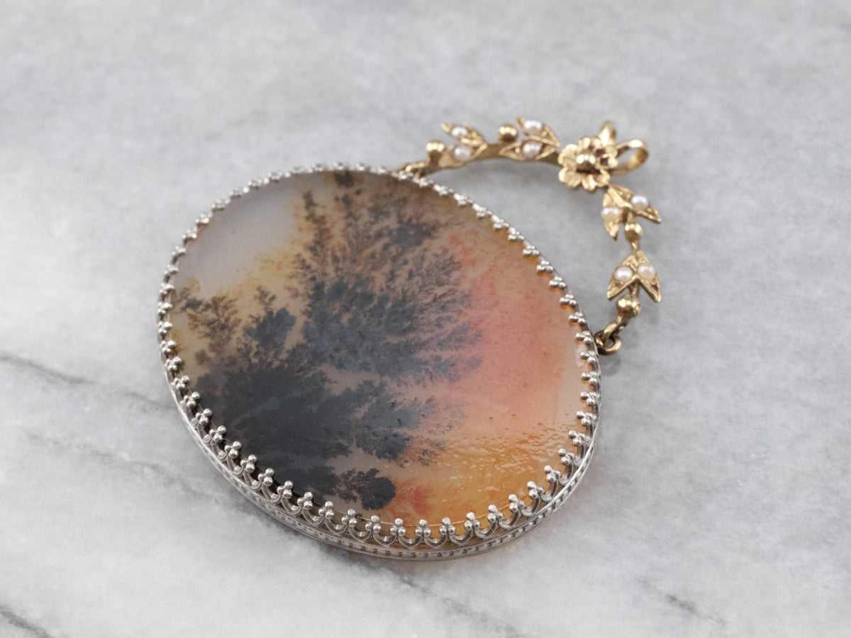Floral Dendritic Agate Mixed Metal Seed Pearl Pendant