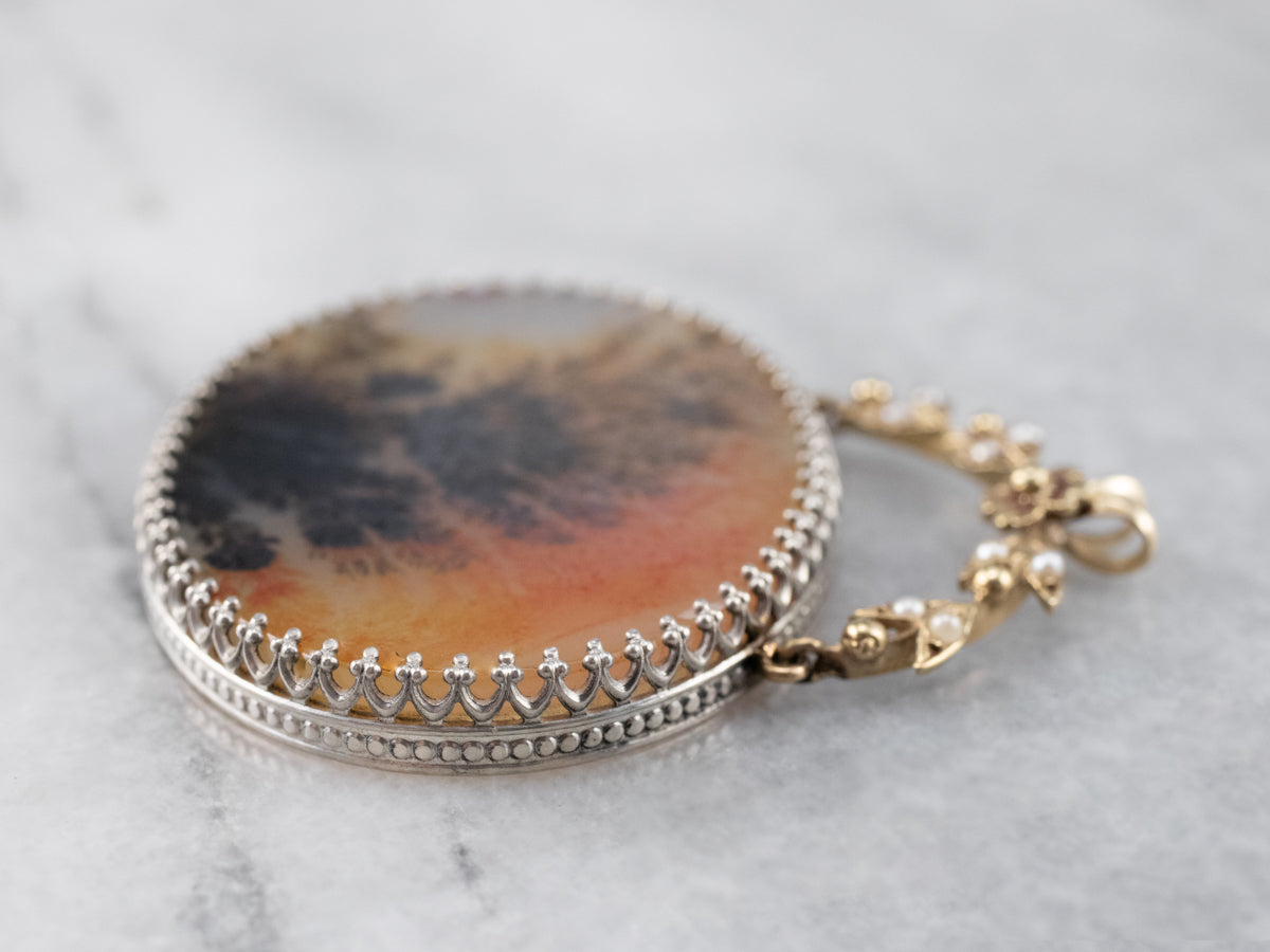 Floral Dendritic Agate Mixed Metal Seed Pearl Pendant