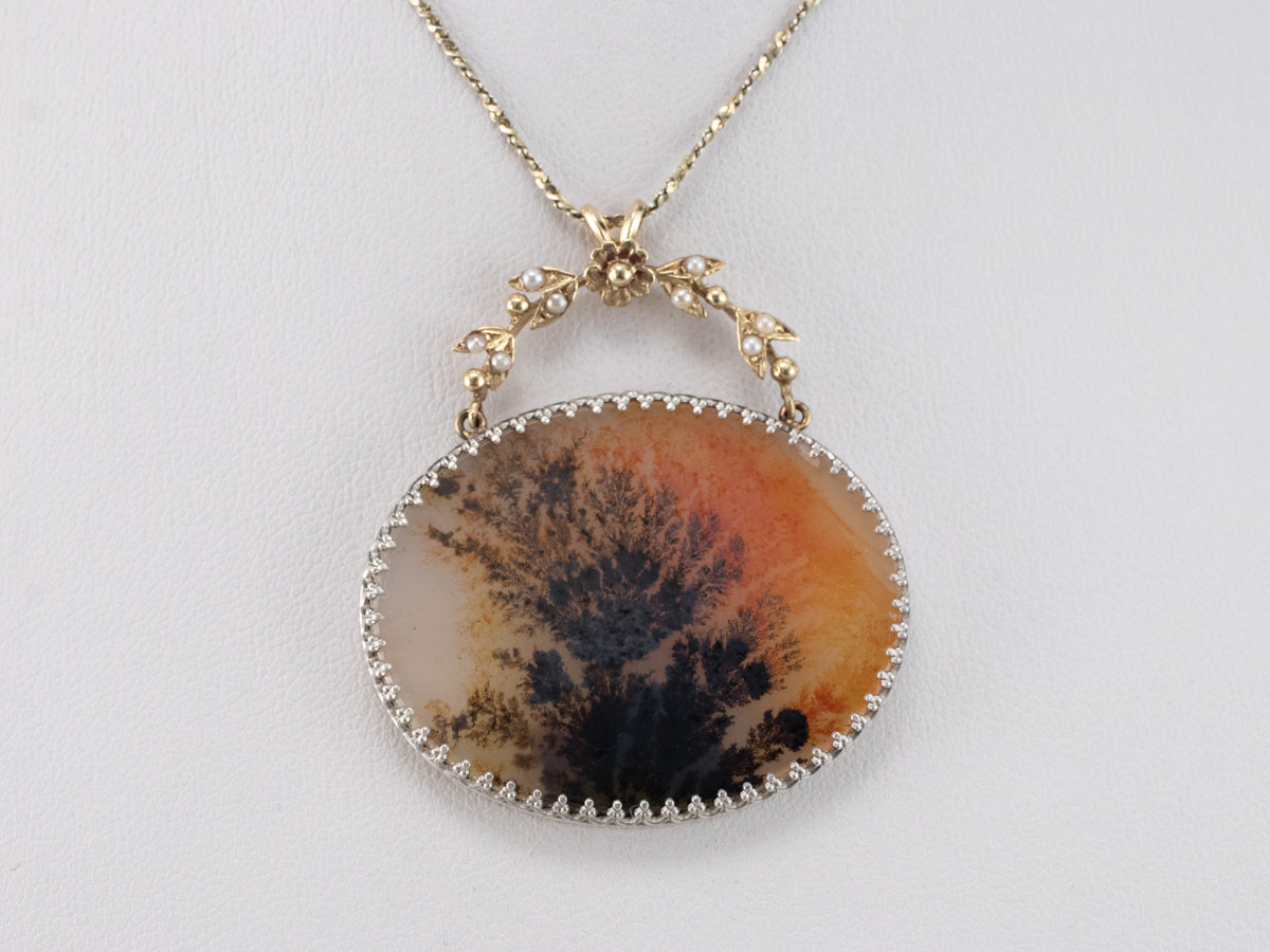 Floral Dendritic Agate Mixed Metal Seed Pearl Pendant