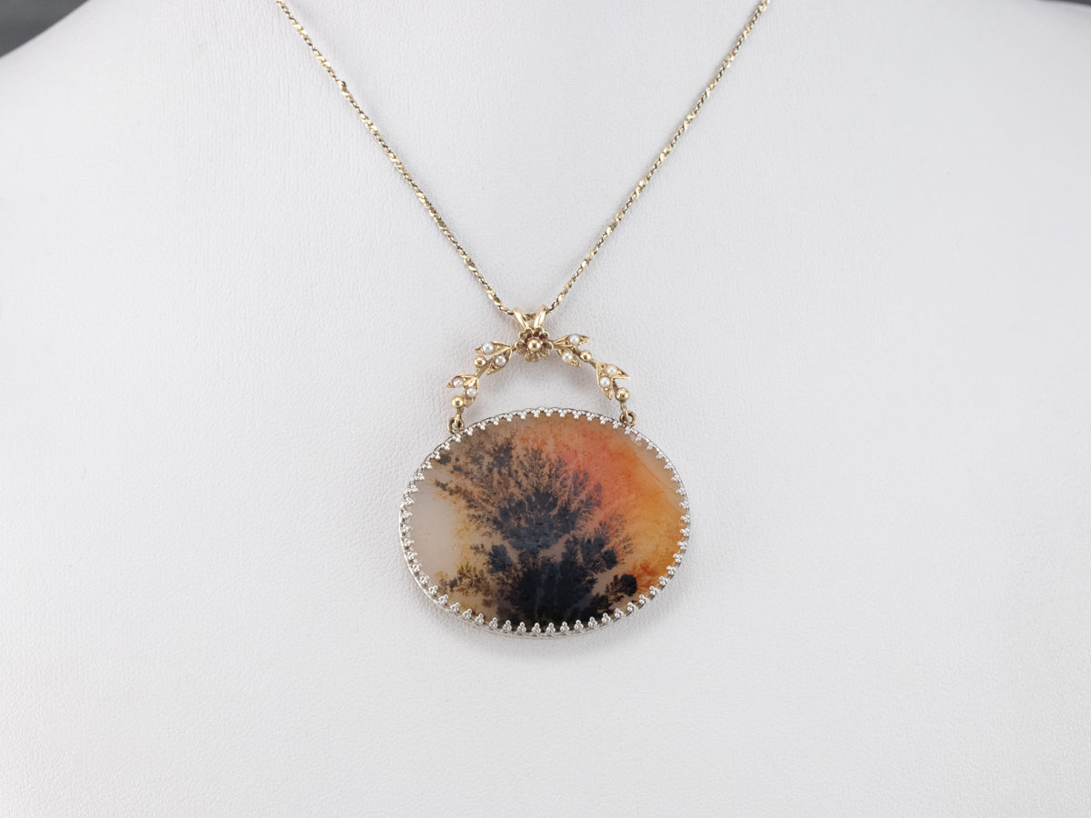 Floral Dendritic Agate Mixed Metal Seed Pearl Pendant