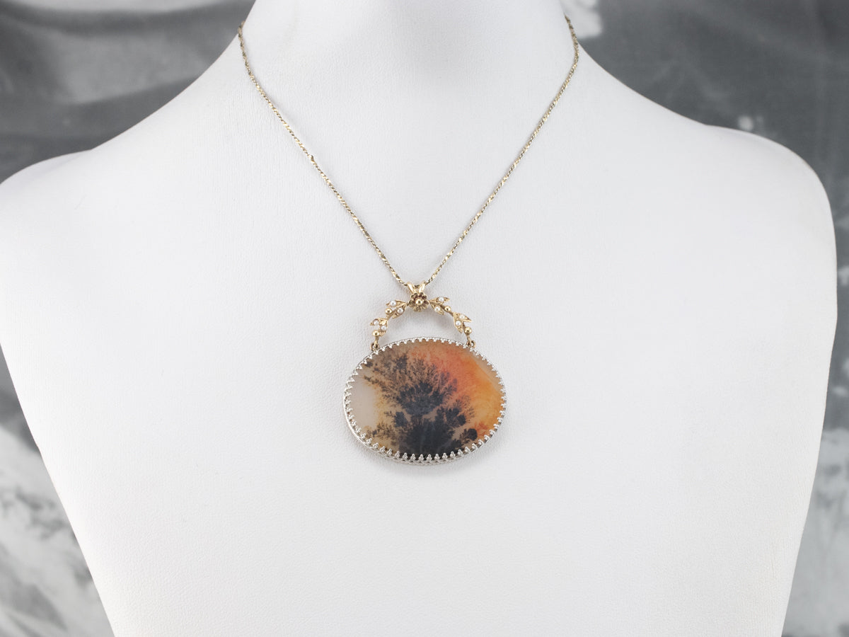 Floral Dendritic Agate Mixed Metal Seed Pearl Pendant