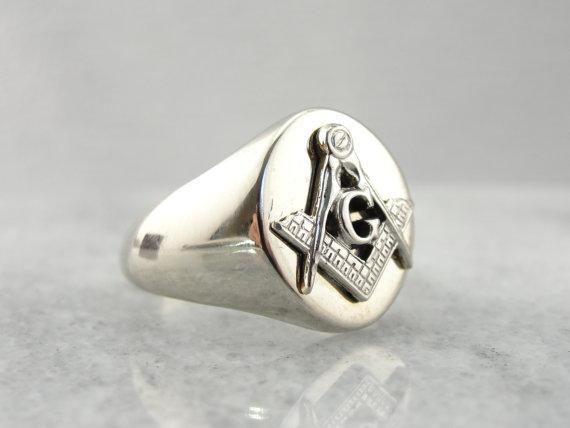 White Gold Masonic Men's Ring
