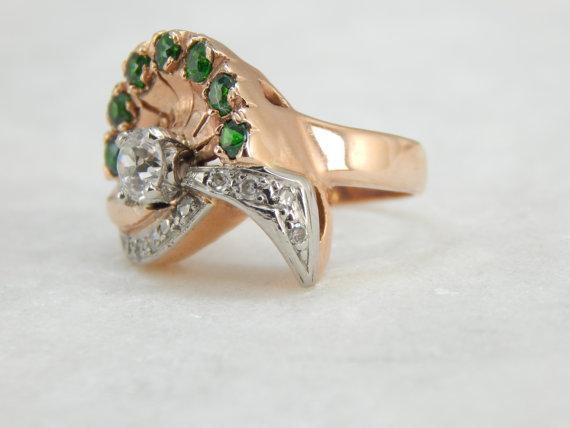 Retro Era Diamond and Demantoid Garnet Rose Gold Cocktail Ring